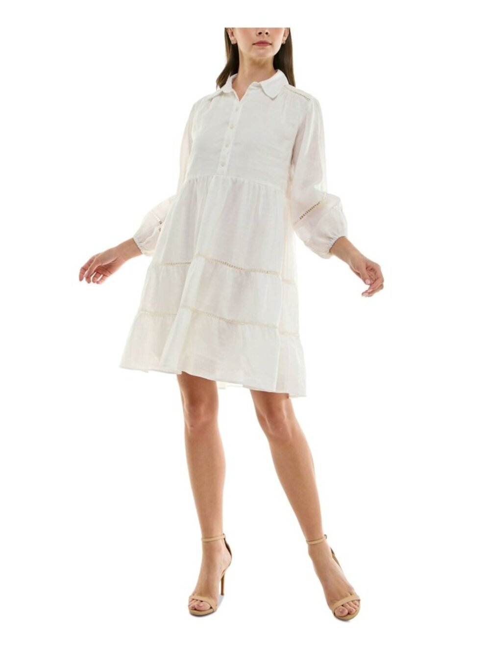 Taylor Women linen Ladder-Trim Collared A-Line Pulls on Dress Ivory Size 6 $128 - Picture 3 of 4